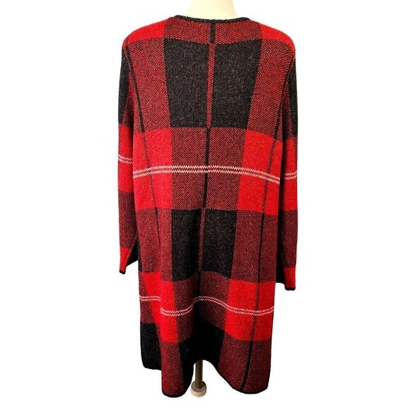 Adrienne Vittadini Long Open Cardigan Sweater Fringed Black Red Plaid Womens 2X - Picture 4 of 10